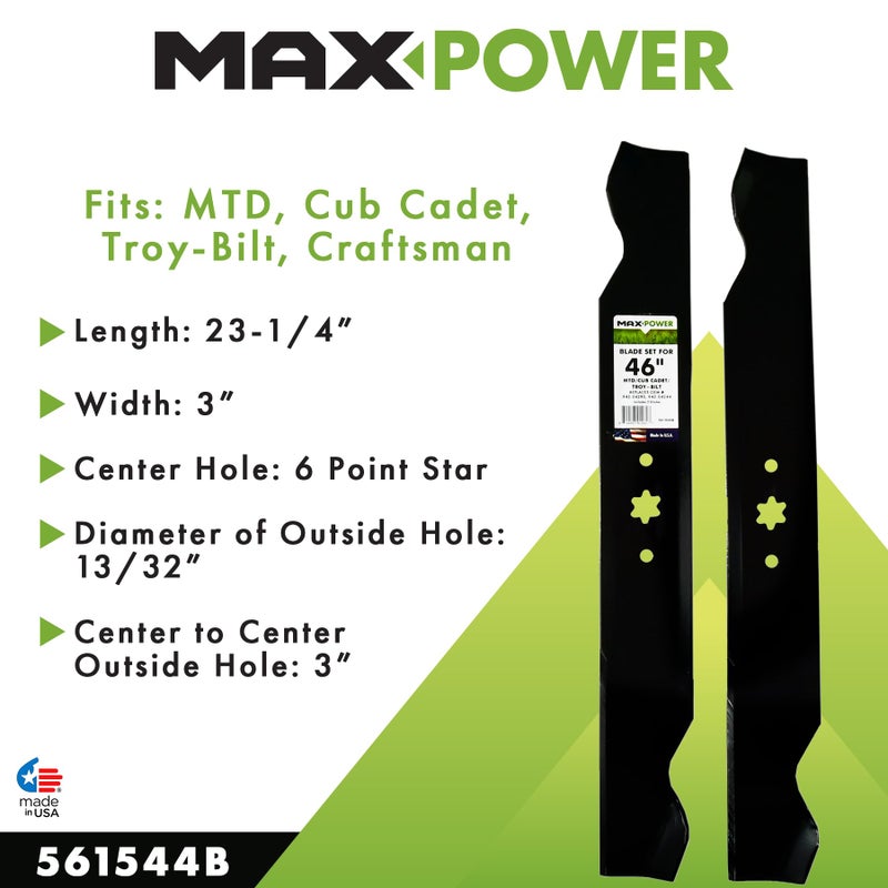 Maxpower مجموعة شفرات MaxPower 561544B 2 لقص 46 بوصة MTD/Cub Cadet/Troy-Bilt تحل محل 942-04244، 942-04290، 942-04244A، 742-04290، 742-04244، أسود - Image 2